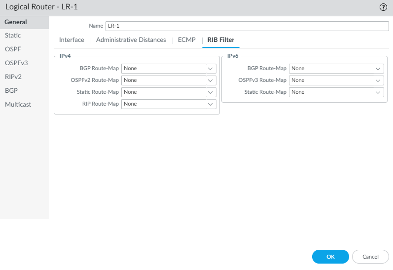 Logical Router RIB Filter configuration tab.
